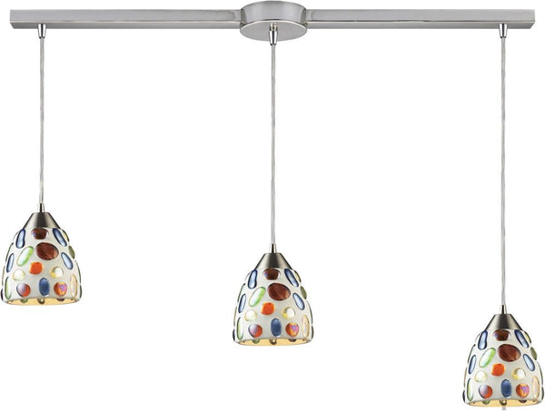 Gemstones 3 Light Pendant In Satin Nickel and Sculpted Multicolor Glass