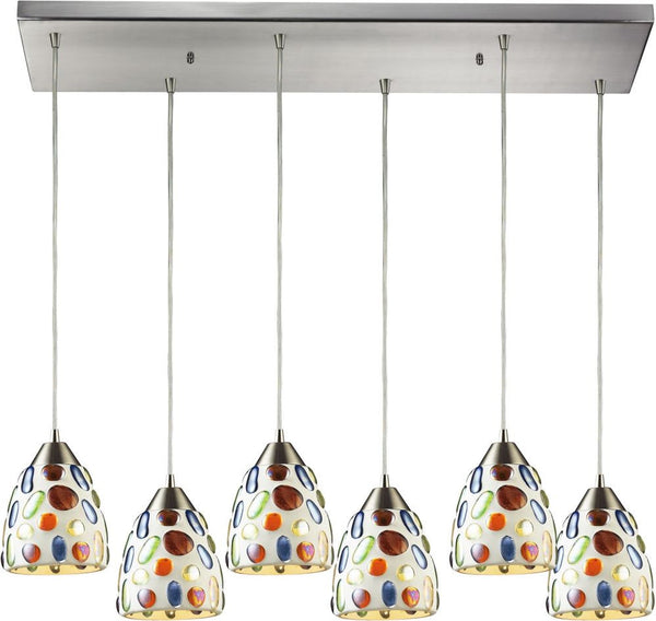 Gemstones 6 Light Pendant In Satin Nickel and Sculpted Multicolor Glass