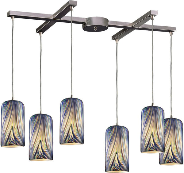 Molten 6 Light Pendant In Satin Nickel and Molten Ocean Glass