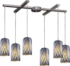 Molten 6 Light Pendant In Satin Nickel and Molten Ocean Glass