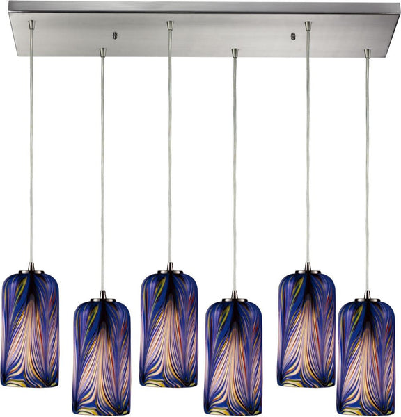 Molten 6 Light Pendant In Satin Nickel and Molten Ocean Glass