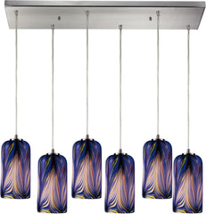 Molten 6 Light Pendant In Satin Nickel and Molten Ocean Glass