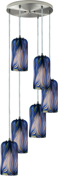 Molten 6 Light Pendant In Satin Nickel and Molten Ocean Glass
