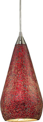 Curvalo 1 Light Pendant In Satin Nickel and Ruby Crackle Glass