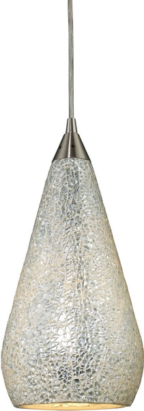 Curvalo 1 Light Led Pendant In Satin Nickel and Silver Crackle Glass