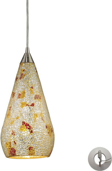 Curvalo 1 Light Pendant In Satin Nickel and Silver Multi Crackle Glass - Includes Recessed Lighting Kit