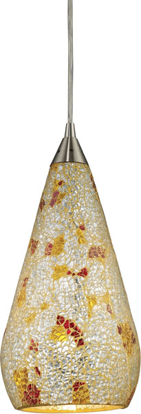 Curvalo 1 Light Led Pendant In Satin Nickel and Silver Multi Crackle Glass