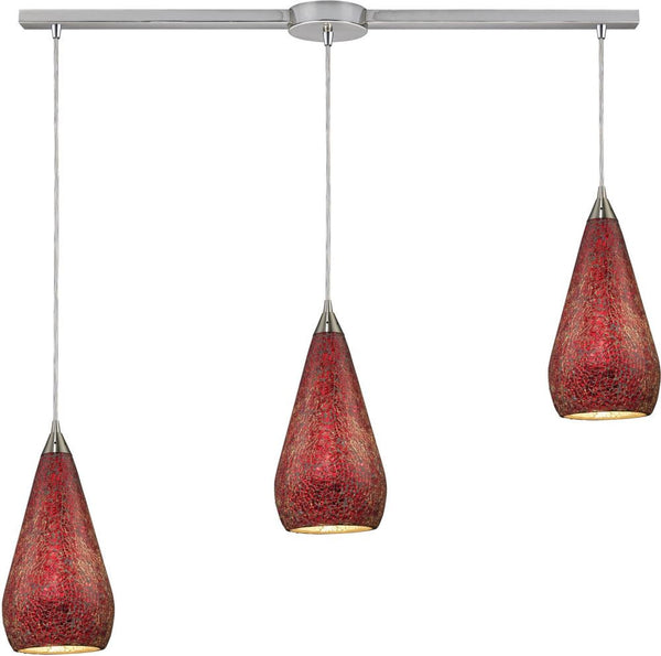 Curvalo 3 Light Pendant In Satin Nickel and Ruby Crackle Glass