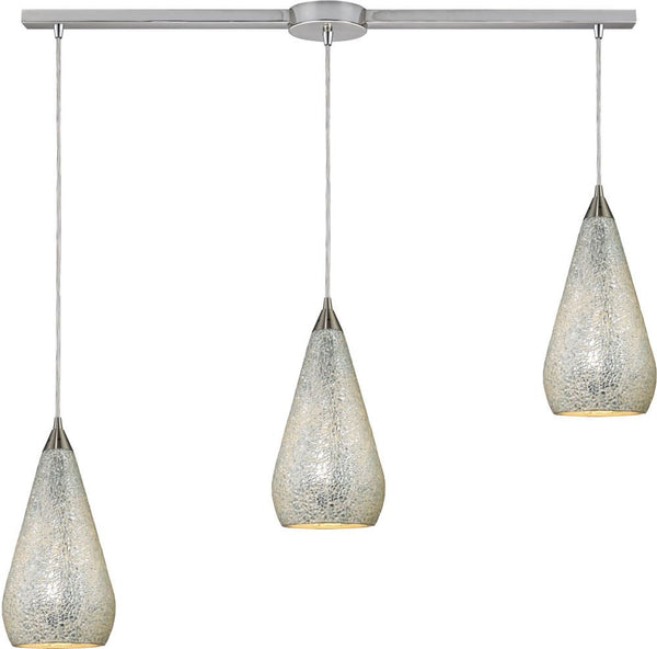 Curvalo 3 Light Pendant In Satin Nickel and Silver Crackle Glass