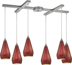 Curvalo 6 Light Pendant In Satin Nickel and Ruby Crackle Glass