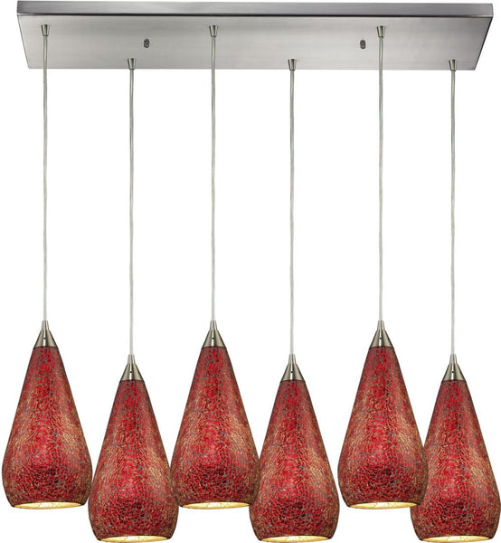 Curvalo 6 Light Pendant In Satin Nickel and Ruby Crackle Glass