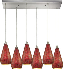 Curvalo 6 Light Pendant In Satin Nickel and Ruby Crackle Glass