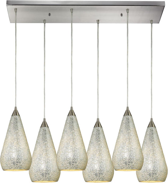 Curvalo 6 Light Pendant In Satin Nickel and Silver Crackle Glass