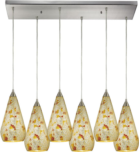 Curvalo 6 Light Pendant In Satin Nickel and Silver Mutli Crackle Glass
