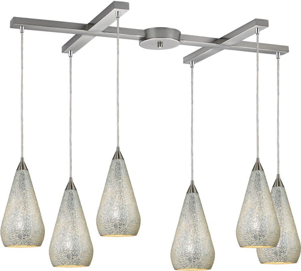 Curvalo 6 Light Pendant In Satin Nickel and Silver Crackle Glass