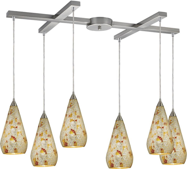 Curvalo 6 Light Pendant In Satin Nickel and Silver Multi Crackle Glass