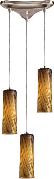 Maple 3 Light Pendant In Satin Nickel and Maple Amber Glass