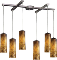 Maple 6 Light Pendant In Satin Nickel and Maple Amber Glass