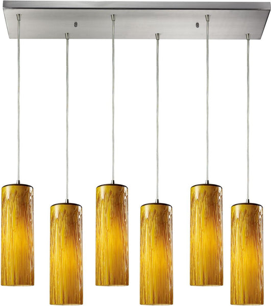 Maple 6 Light Pendant In Satin Nickel and Maple Amber