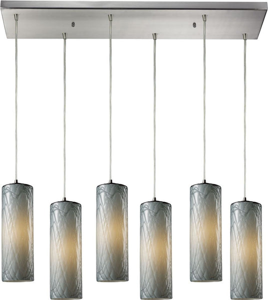 Maple 6 Light Pendant In Satin Nickel and Maple Dusk