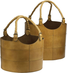Nested Caramel Leather Buckets- (Set of 2)