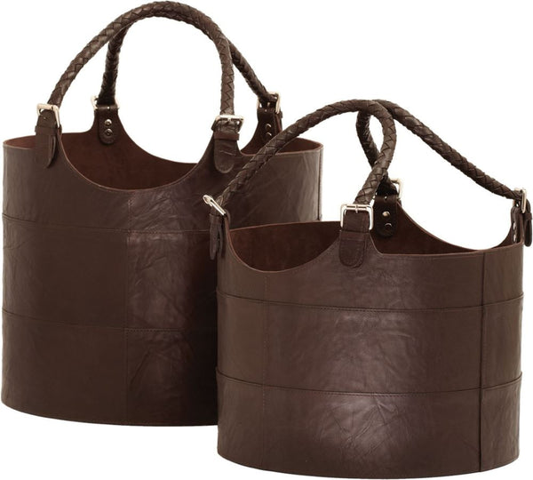 Nested Espresso Leather Buckets- (Set of 2)