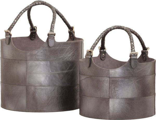 Nested Gunmetal Leather Buckets- (Set of 2)