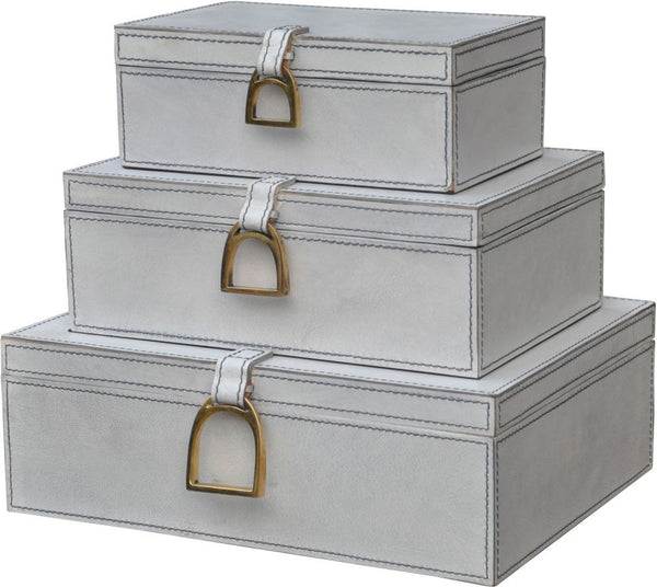 Nested White Leather and Brass Boxes