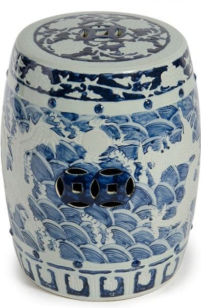 Blue & White Carved Dragon Garden Stool