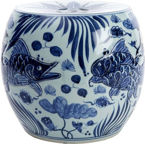 Blue & White Carved Fish Drum Stool