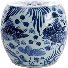 Blue & White Carved Fish Drum Stool