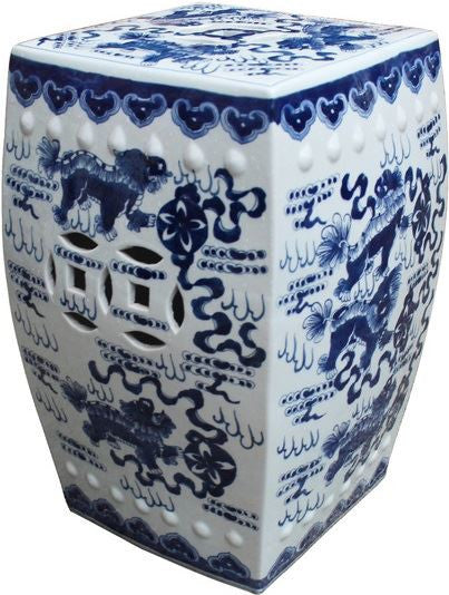 Blue & White Foo Dog Square Garden Stool