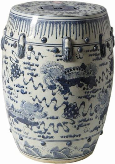Blue & White Garden Stool Lion Motif