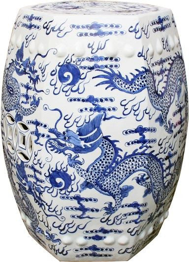 Blue & White Hex Fire Ball Dragon Garden Stool
