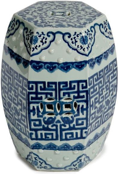 Blue & White Hex Geometric Garden Stool