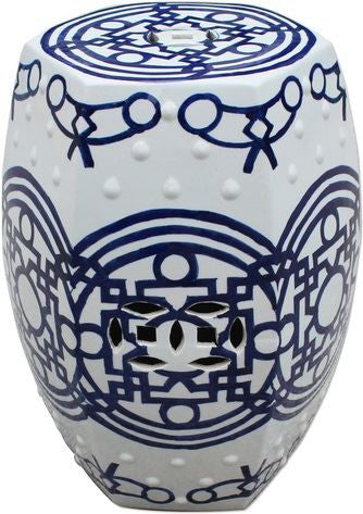 Blue & White Pattern of Lines Hexagonal Stool