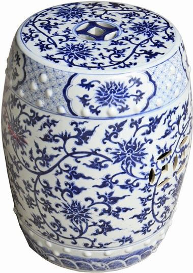 Garden Stool - Blue & White Twisted Lotus