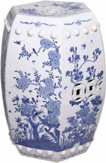 Hexagonal Blue & White Floral Bird Garden Stool