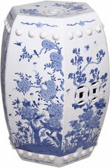 Hexagonal Blue & White Floral Bird Garden Stool