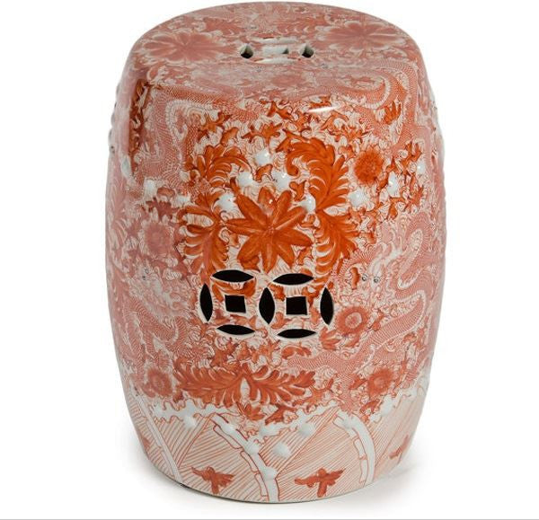 Orange Porcelain Garden Stool W/ Dragon Motif