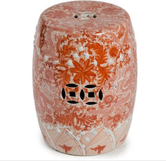 Orange Porcelain Garden Stool W/ Dragon Motif