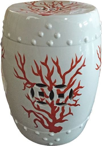 White Garden Stool With Red Coral