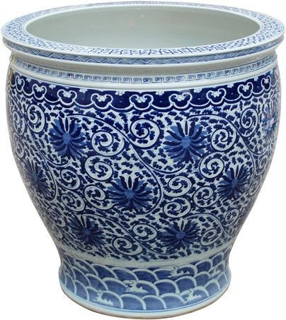 Blue & White Twisted Lotus Bowl Shape Planter 16.5H