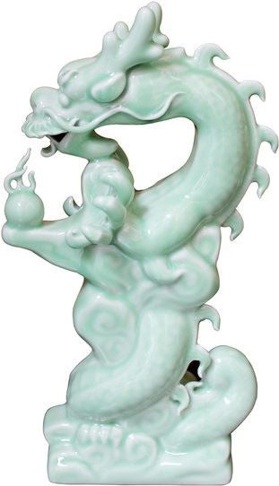 Celadon Green Dragon With Fireball Statue