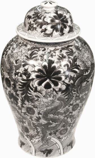 Black Temple Jar W/ Dragon & Floral Motif