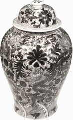 Black Temple Jar W/ Dragon & Floral Motif