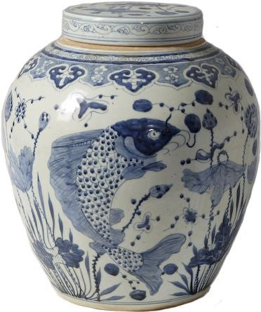 Blue & White Ancestor Lidded Jar Fish Motif