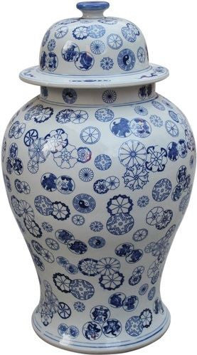 Blue & White Ball Flower Temple Jar - L