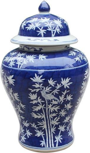 Blue & White Bamboo Magpie Temple Jar - Medium
