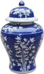 Blue & White Bamboo Magpie Temple Jar - Medium